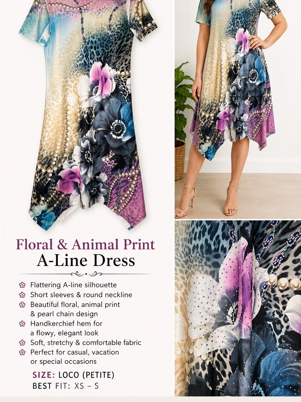 Floral & Animal Print A-Line Dress in Blue, Purple & Cream